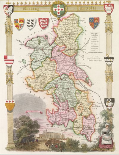 Buckinghamshire con illustrazioni della Cappella del Eton College (incisione colorata a mano) da English School